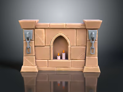 Decorative Stone Brick Fireplace With Arched Opening Two Candles And Metal Hinges 3d model