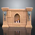 Decorative Stone Brick Fireplace With Arched Opening Two Candles And Metal Hinges