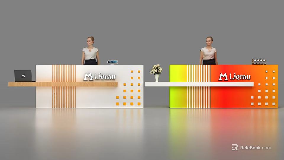 Modern Reception Desks Featuring Menu Logo Staff Flower And White Orange Yellow Gradient Design 3d model 