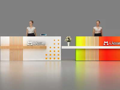Modern Reception Desks Featuring Menu Logo Staff Flower And White Orange Yellow Gradient Design 3d model