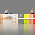 Modern Reception Desks Featuring Menu Logo Staff Flower And White Orange Yellow Gradient Design
