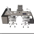 Modern Office Desk With iMac Document Coffee Cup Desk Lamp And Two White Chairs