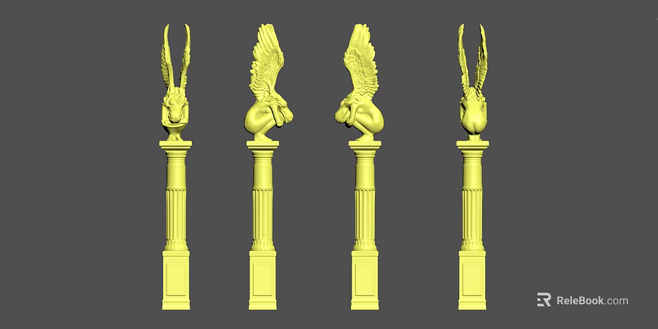 Yellow Classical Decorative Column Sculptures With Intricate Winged Head Carvings 3d model 