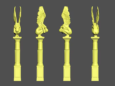 Yellow Classical Decorative Column Sculptures With Intricate Winged Head Carvings 3d model