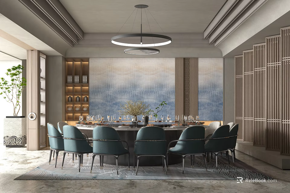 Elegant Modern Private Dining Room With Round Table Blue Chairs And Art Wall 3d model 