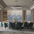 Elegant Modern Private Dining Room With Round Table Blue Chairs And Art Wall