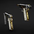 Two Engraved Pistols With Gold Accents Light Colored Grips And Magazine