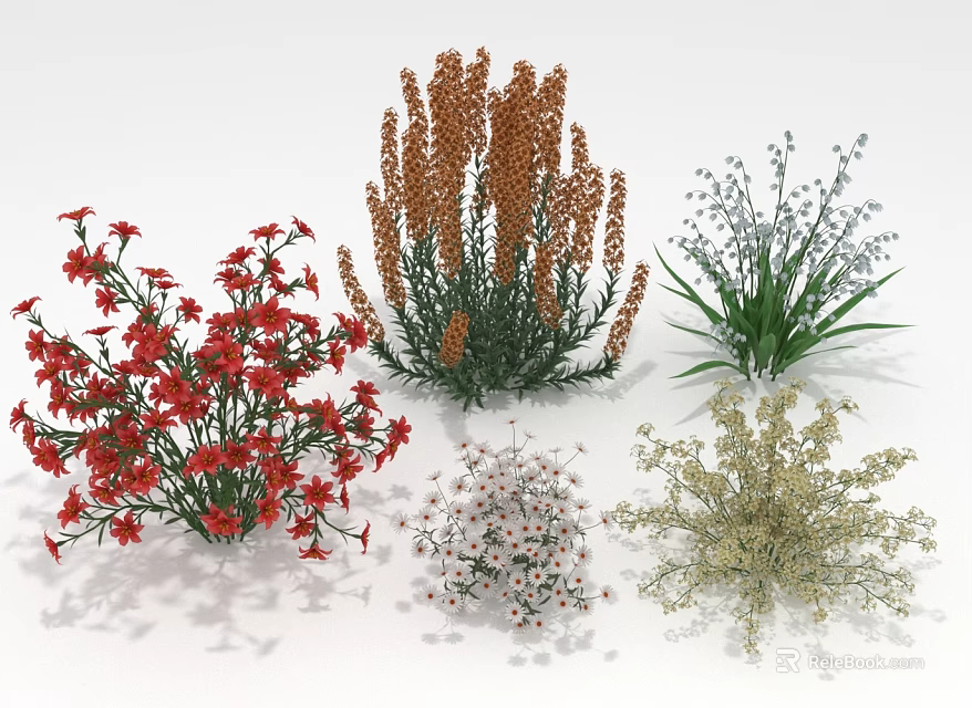 Various Red Blue White And Beige Flowering Plants With Spike Blooms And Green Leaves 3d model 