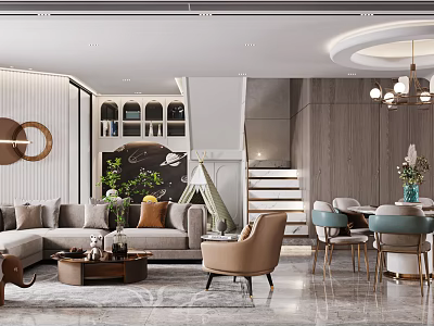 Elegant Modern Living Dining Room With Sectional Sofa Armchair Dining Table And Pendant Lights 3d model
