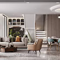 Elegant Modern Living Dining Room With Sectional Sofa Armchair Dining Table And Pendant Lights