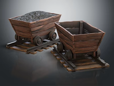 Vintage Wooden Mine Carts On Rail Tracks One Filled With Ore 3d model