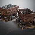 Vintage Wooden Mine Carts On Rail Tracks One Filled With Ore