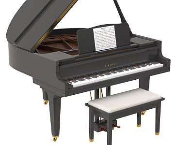 Classic Black Grand Piano With Padded Stool And Sheet Music 3d model