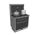 Modern Stainless Steel Kitchen Appliances With Gas Stove Blue Flame Burners And Cookware