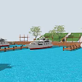 Scenic Marina Landscape Featuring White Yachts Wooden Deck Green Lawn Trees And Steps