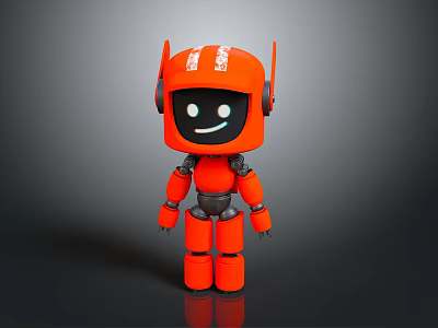 Cute Orange Robot Toy Figure With Smiling Black Face Red Antennas And Shiny Surface 3d model