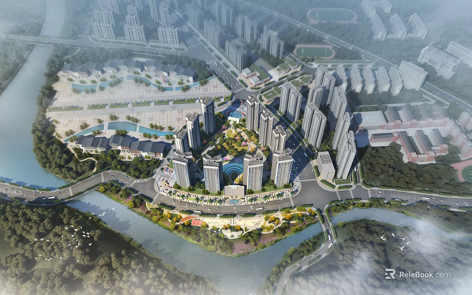 Aerial View Urban Planning With High Rise Buildings River Green Spaces And Community Layout 3d model 