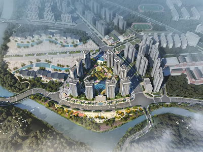 Aerial View Urban Planning With High Rise Buildings River Green Spaces And Community Layout 3d model