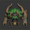 Mythical Fantasy Game Character With Wooden Horns Green Leaf Like Crystals And Blue Accents