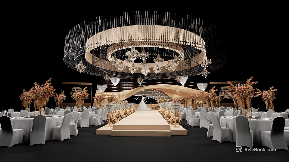 Elegant Banquet Hall With Large Crystal Chandelier Central Runway White Chairs And Golden Floral Decorations 3d model 