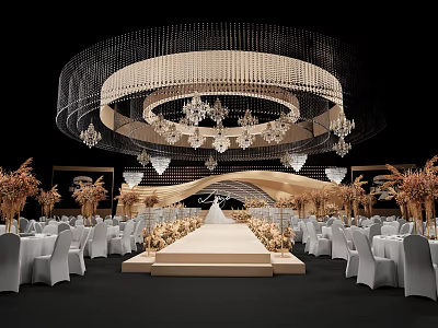 Elegant Banquet Hall With Large Crystal Chandelier Central Runway White Chairs And Golden Floral Decorations 3d model