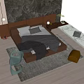 Double Bed Background With Textured Wall Brown Upholstered Gray Bedding Nightstand Lamp Green Plant
