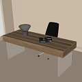 Modern Office Desk With Wooden Striped Tabletop Transparent Legs Silver Lamp And Black Chair