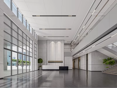 Modern Reception Desk Interior Design With Marble Counter Glass Walls And Greenery 3d model