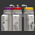 Three Medical Filtration Devices With Purple Red Yellow Lids And Compact Design