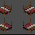 Set of Four Wooden Bed Frames With Red Pink Bedding And White Blankets