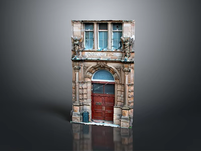 Classical Style Entrance Door With Red Wooden Panel And Stone Carved Decorations 3d model