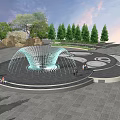 Outdoor Public Square Fountain With Circular Layout Water Sprays And People Around Trees