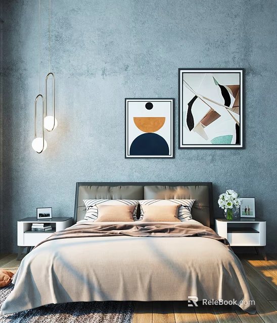 Cozy Double Bed in Modern Bedroom with Gray Wall Abstract Paintings Bedside Tables Pendant Lights 3d model 