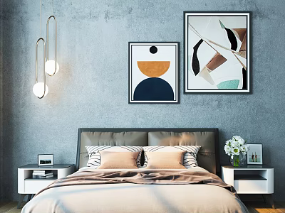 Cozy Double Bed in Modern Bedroom with Gray Wall Abstract Paintings Bedside Tables Pendant Lights 3d model