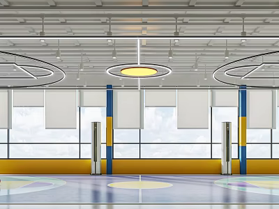 Bright Modern Basketball Court Interior With Ceiling Lighting Large Windows And Colorful Flooring 3d model