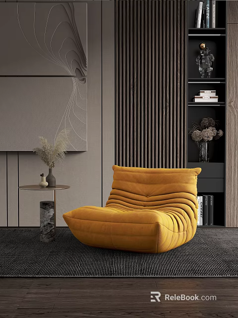 Yellow Bean Bag Chair in Modern Interior with Side Table and Bookshelf Decor 3d model 