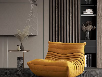 Yellow Bean Bag Chair in Modern Interior with Side Table and Bookshelf Decor 3d model