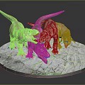 Dinosaur Model Figures Standing On Cracked Stone Platform With Open Mouths 3d model