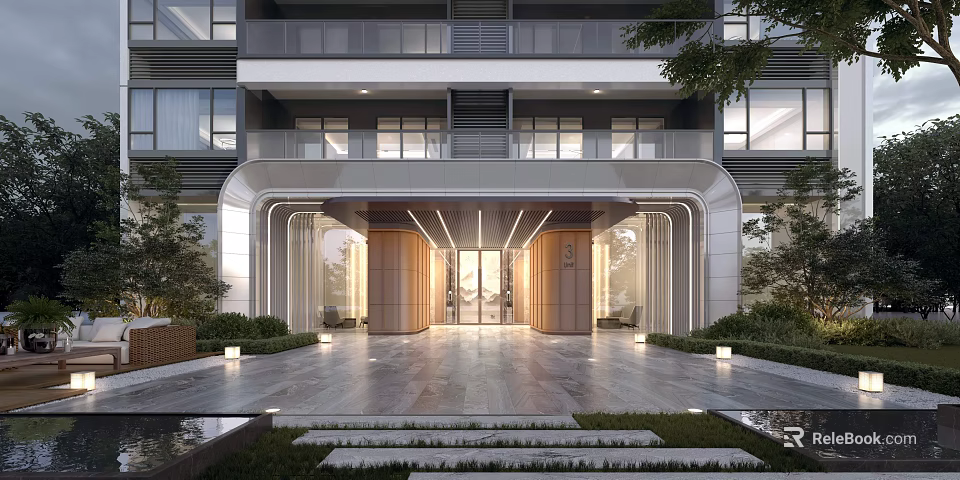 Modern Building Entrance Facade Design With Glass Doors Wooden Panels And Landscape Lighting 3d model 