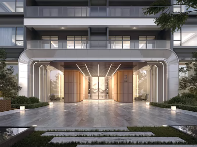 Modern Building Entrance Facade Design With Glass Doors Wooden Panels And Landscape Lighting 3d model