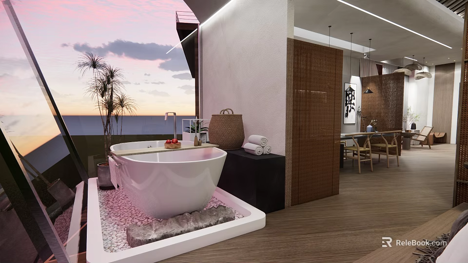 Hotel Room With Open Space Wooden Flooring Bathtub Dining Area And Sunset Ocean View 3d model 