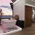 Hotel Room With Open Space Wooden Flooring Bathtub Dining Area And Sunset Ocean View
