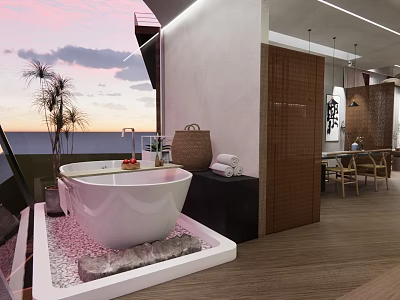 Hotel Room With Open Space Wooden Flooring Bathtub Dining Area And Sunset Ocean View 3d model