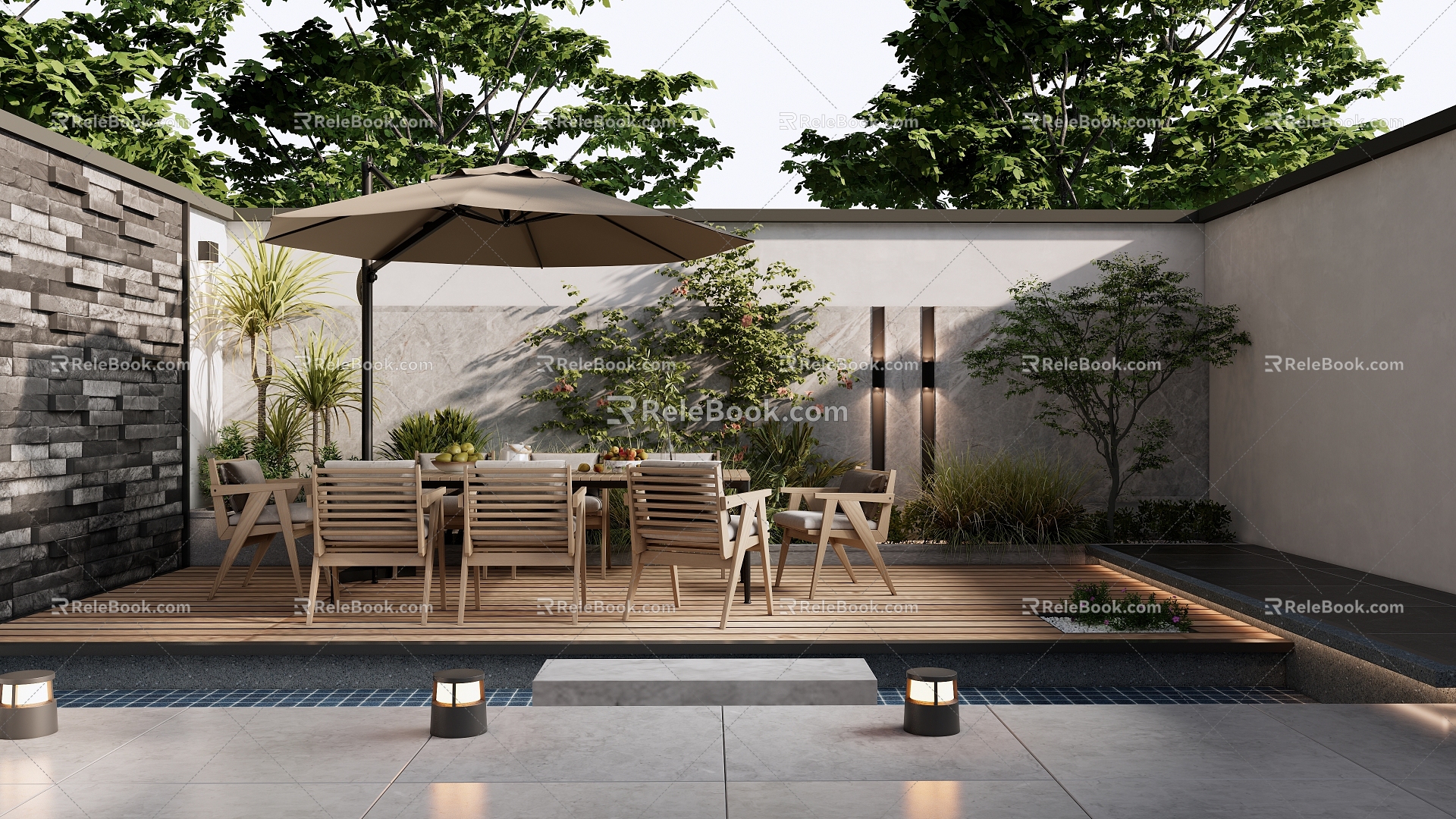 Courtyard Landscape Waterscape Waterscape Wall Outdoor Table and Chair Flowers and Plants Pile Villa Courtyard model