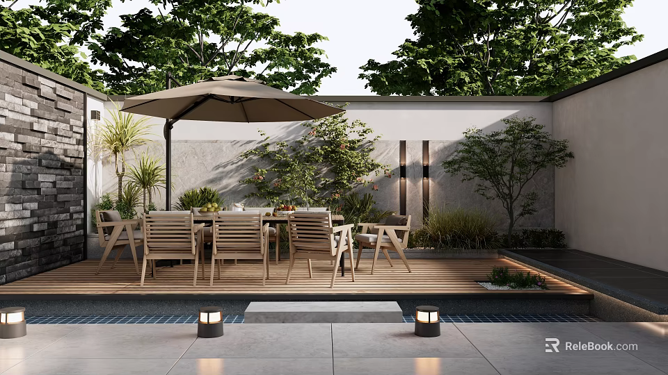 Courtyard Garden Design With Wooden Dining Set Brown Parasol Green Plants And Stone Steps 3d model 