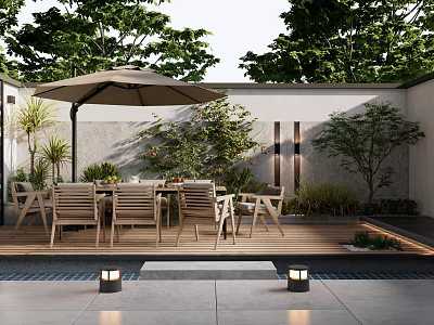 Courtyard Garden Design With Wooden Dining Set Brown Parasol Green Plants And Stone Steps 3d model
