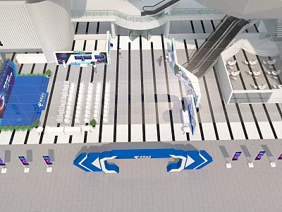 Spacious Exhibition Space Layout With Blue Decorations Seating Displays And Escalator 3d model
