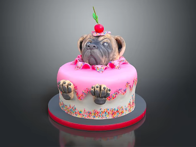 Pug Themed Cake With Pink Frosting Cherry On Top And Paw Print Decorations 3d model