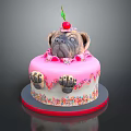 Pug Themed Cake With Pink Frosting Cherry On Top And Paw Print Decorations