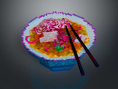 Pixel Art Ramen Bowl With Pink Ingredients Tofu Vegetables And Chopsticks 3d model
